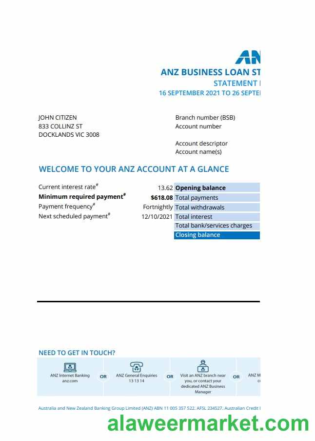 Australia ANZ proof of address bank statement template in .xls and .pdf format, fully editable